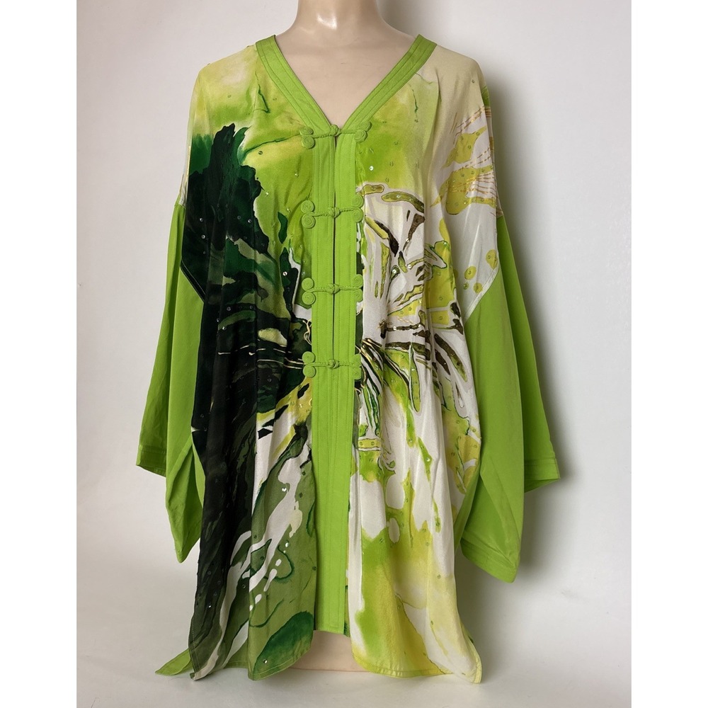 Diane Gilman 100% Silk Floral Blouse Tunic Green Yellow Size L sequins